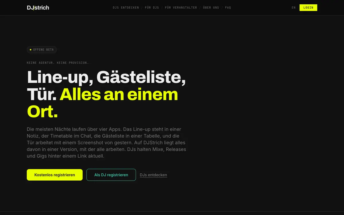 The DJStrich home page: line-up, guest list and door in one place
