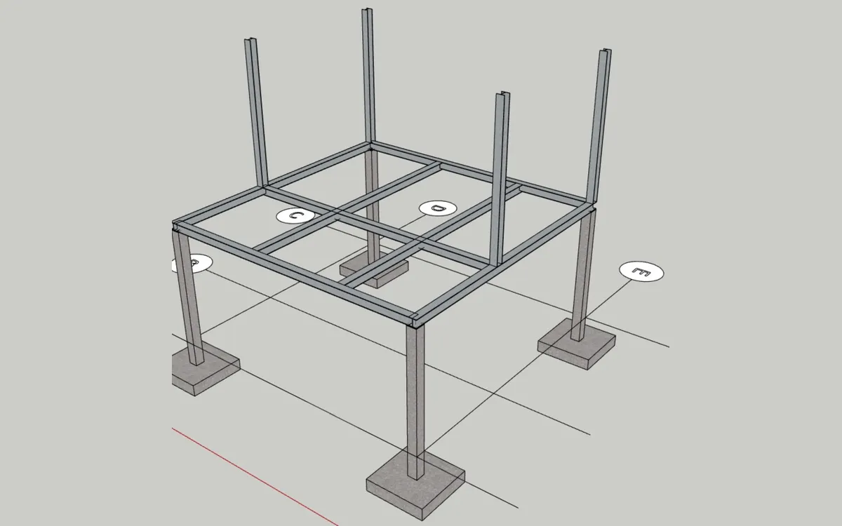 A 3D model of the steel frame on concrete footings