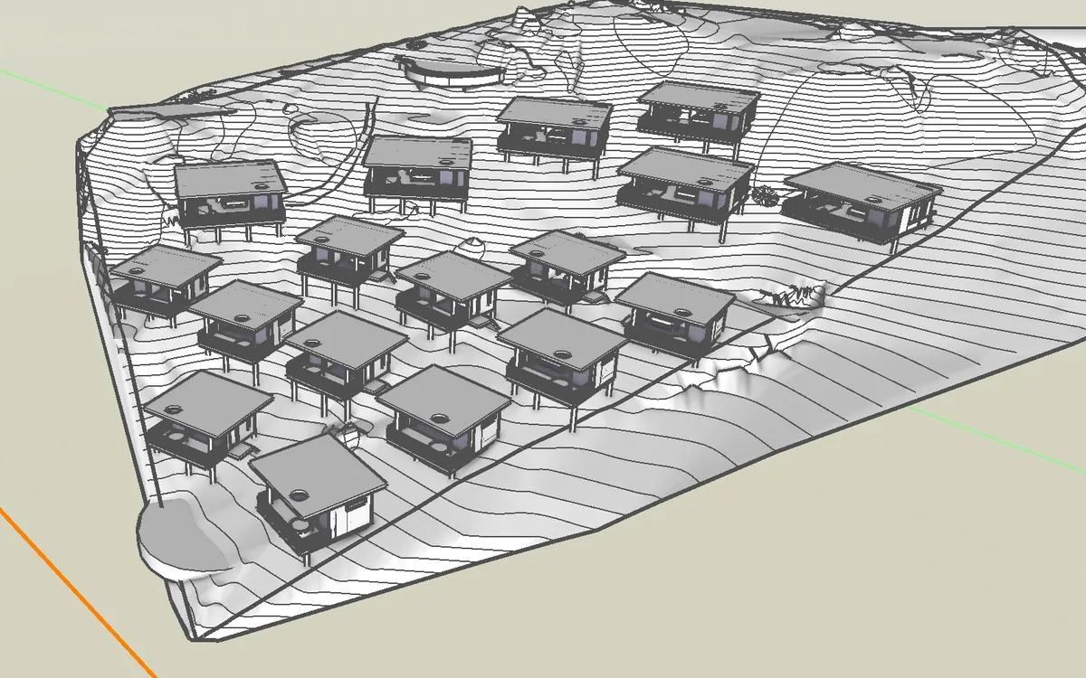A 3D scan of the hillside with contour lines and bungalows placed on it