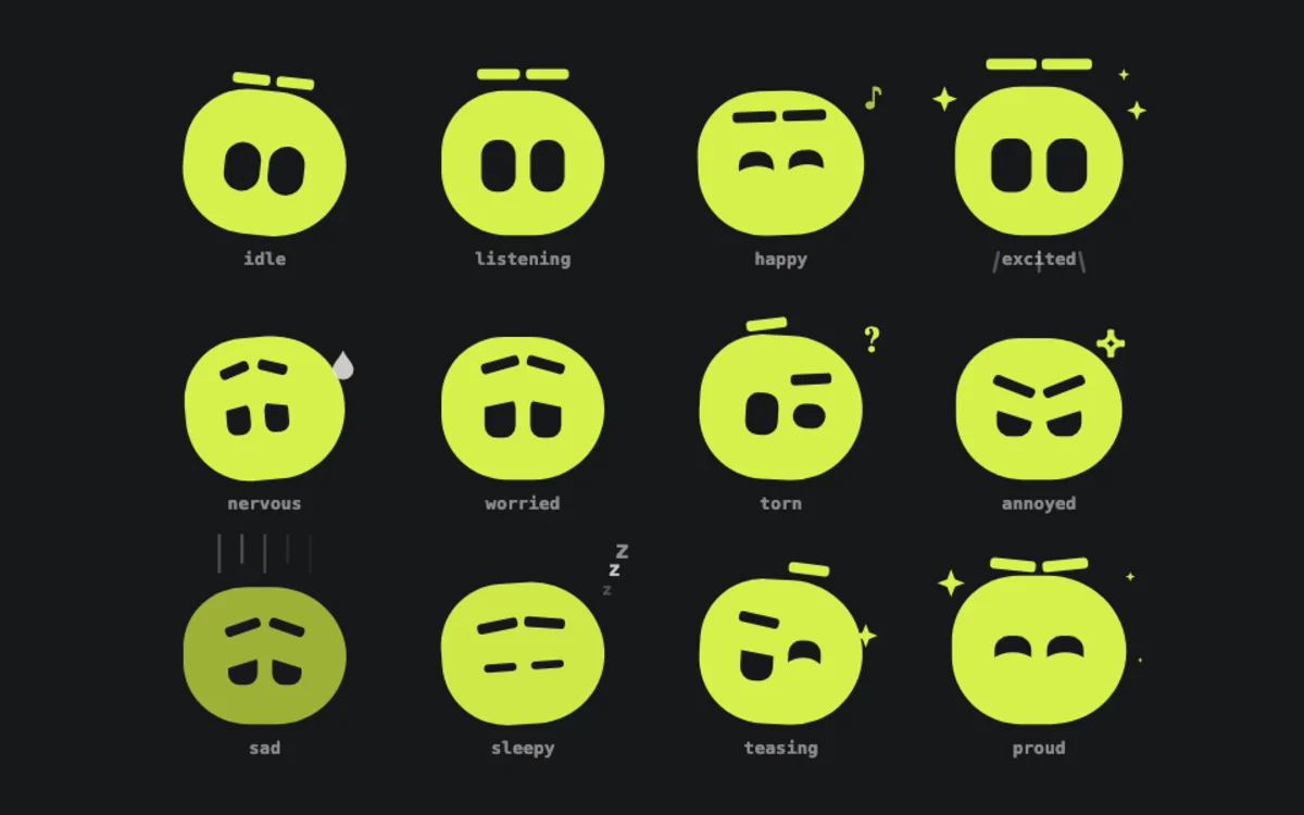 Mona's twelve moods, from idle and listening to sleepy, teasing and proud